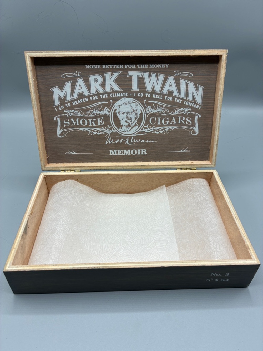 Mark Twain Memoir Cigars Wooden Box - Brown with White Graphics